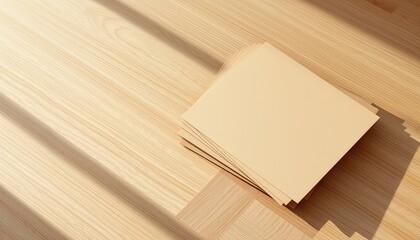 Stack of blank paper sheets on wooden floor with sunlight creating bright shadows, excellent for design presentations