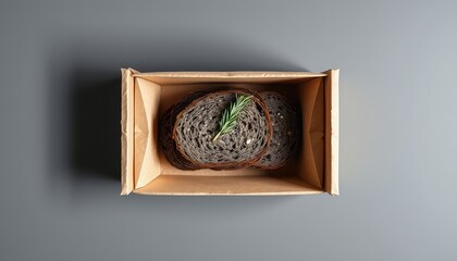 Rustic dark bread slices with rosemary sprig resting inside of an environmentally friendly, recycled paper container on a simple solid color background