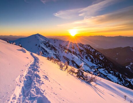 A snowy mountain trail leads to a sunrise with golden light and a clear blue sky - Powered by Adobe