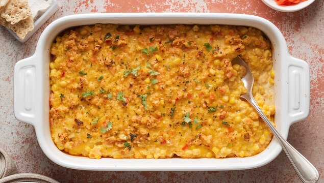 Classic Corn Casserole Featuring Sweet Red Peppers, Butter, Crackers, and Eggs Served in a White Dish with Spoon - Overhead View with Empty Space