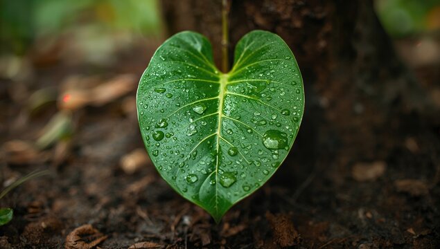 This broad green foliage belongs to the Ketapang plant and is soaked with rainwater. The tree features a robust taproot extending deep underground.