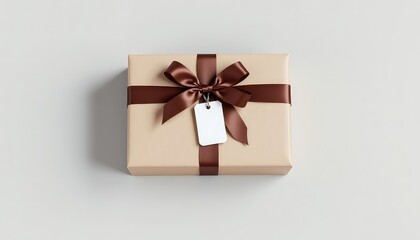 Wrapped present with a brown ribbon and a blank tag, set against a neutral backdrop providing ample surrounding space