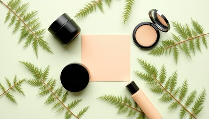 Skincare and makeup products, framed with fresh greenery on a pale background, presenting a serene and organic beauty aesthetic
