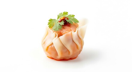 Steamed dim sum dumpling with cilantro isolated on white background