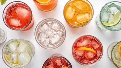 Collection of chilled beverages and mixed drinks with ice cubes in transparent glasses, overhead shot on a light surface