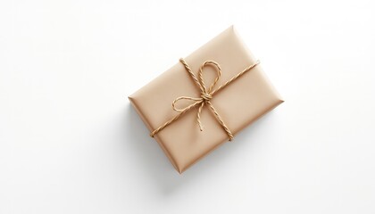 Minimalist gift presentation featuring a present wrapped in brown paper and tied with rustic twine, creating an elegant and simple aesthetic