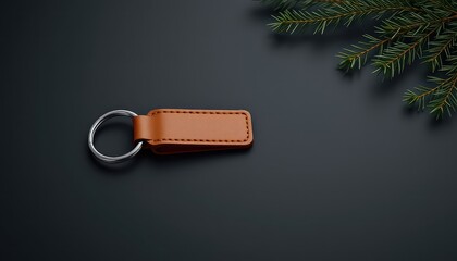 Elegant presentation of a leather key chain on a smooth dark surface with pine boughs in the corner