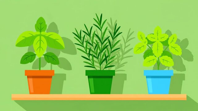 Fresh Potted Herbs Growing on a Sunny Shelf Illustration.