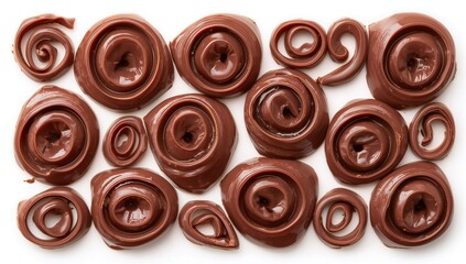 Collection of tasty chocolate swirls on a white surface