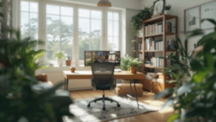 Fototapeta premium Blurred background of a modern home office with a chic desk and computer, surrounded by books and plants, fostering focus