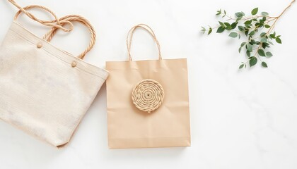 Eco-friendly shopping concept showcasing a canvas tote and a brown paper gift bag accented with a decorative natural fiber embellishment