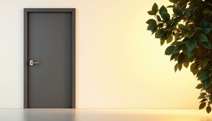 Modern doorway with fresh greenery against a neutral backdrop, offering a welcoming aesthetic and minimalist appeal