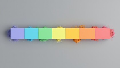 Seven colorful blocks arranged in a row with corresponding color dust scattered around on a neutral surface