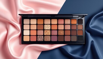Cosmetic eyeshadow palette with various earthy tone pigments showcased on draped, luxurious light pink and contrasting dark blue fabric backgrounds