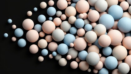 Pastel spheres of different sizes scattered on a dark backdrop, suggesting softness and tranquility
