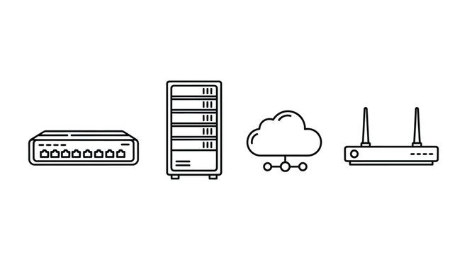 Network infrastructure icons featuring router server cloud and wireless access point simplified line art vector