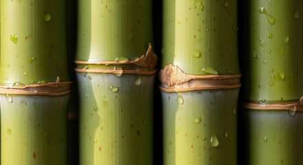Bamboo Stalks Close Up with Water Droplets Green Background Nature Photography Featuring Natural Textures and Patterns