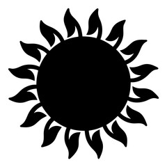 Stylized sun illustration with leaflike rays in solid black color