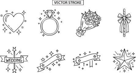 Wedding themed vector illustrations featuring hearts rings bouquets ribbons and stars.