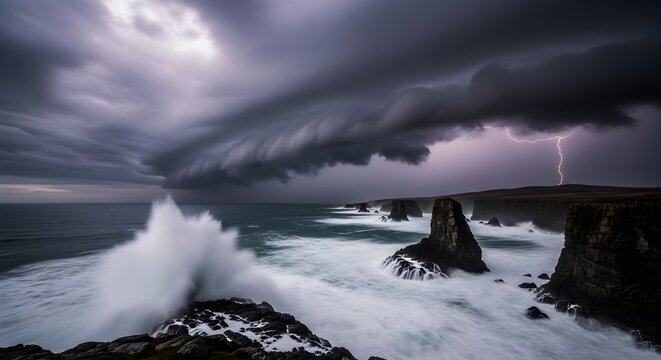 Dramatic Lightning Strike Over Stormy Coastal Cliffs