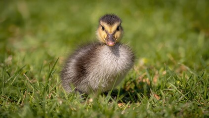 Obraz premium Photo of a young duck drying off in a natural grassy setting