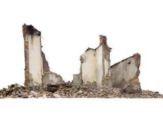 Abandoned ruined building isolated on transparent background, representing decay, history, and urban textures.