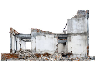 Abandoned ruined building isolated on transparent background, symbolizing decay, history, and urban texture.