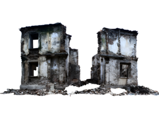 Abandoned ruined building isolated on transparent background, representing decay, history, and urban textures.
