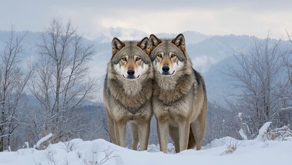 Obraz premium A pair of wolves in a frosty snowy environment