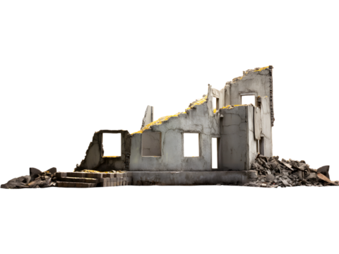Abandoned ruined building isolated on transparent background, representing decay, history, and urban textures. - Powered by Adobe