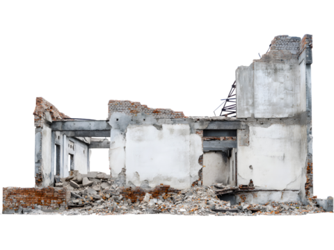 Abandoned ruined building isolated on transparent background, symbolizing decay, history, and urban texture.