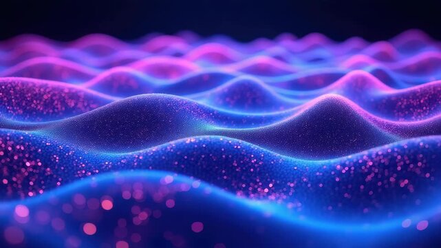 A hypnotic pattern of undulating neon waves, each composed of millions of micro-data particles, creating a seamless sense of motion. The waves shift between hues of blue, purple, and magenta