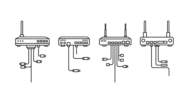 Network routers and modems with connected cables technical schematic diagrams isolated vector