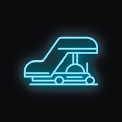 Blue neon icon of an airport passenger boarding bridge glowing on a black background