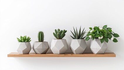 Fototapeta premium Minimalist concrete planters featuring green cacti, white blooms, and succulents arranged on a wooden shelf against a white backdrop with ample copy space.