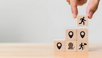 Career Path and Development Strategy Concept. Arranging wooden blocks with icons success roadmap and journey, symbolizing a structured career path and strategic development. Planning, growth, progress