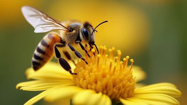 A highly detailed macro image of a honeybee in mid-flight as it collects nectar from a flower. The photo highlights the intricate structure of the bee s wings, fuzzy body