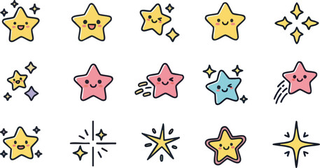 Collection of Cute and Kawaii Star Icons with Sparkling Elements.