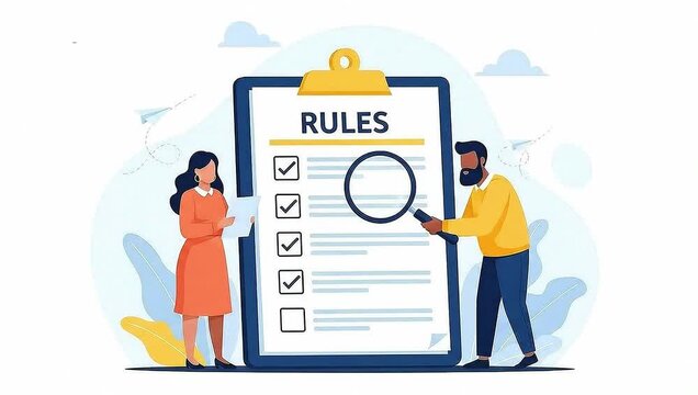 Diverse colleagues review RULES checklist on clipboard with magnifying glass in this seamless 2D flat design animation loop for business.