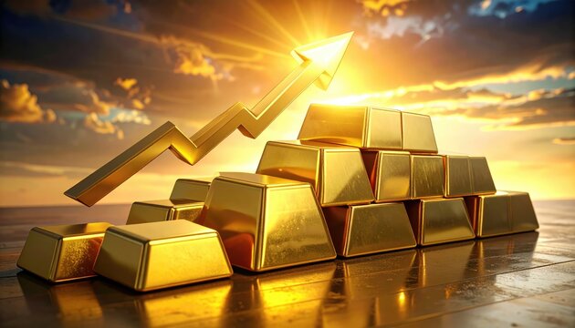 Golden bars stacked high with an upward-pointing arrow against a radiant sunset background
