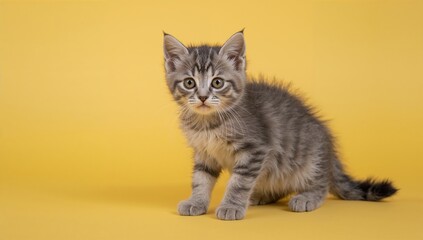 Obraz premium Small tabby kitten on a yellow background with space for text