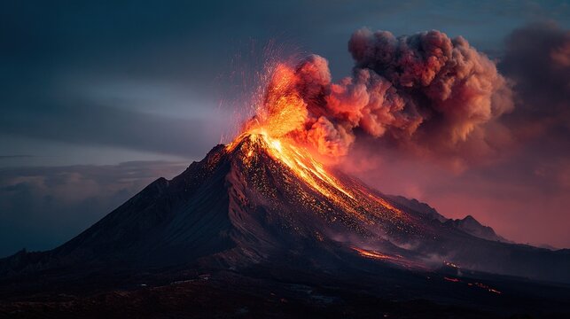 erupting. A powerful volcano erupting with lava and ash against the sky. ESG reports, sustainability campaigns, designed for sustainability communications and ESG reporting.