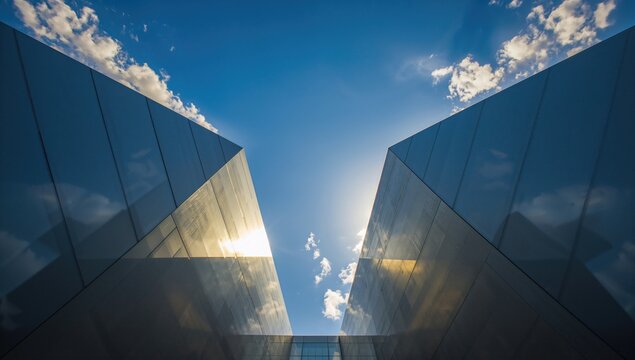 Abstract symmetrical architecture beneath a clear blue sky with sunlight and sharp angles