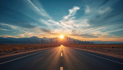Naklejka premium Dusk over an empty road with a modern cityscape and mountain backdrop, viewed from an intense angle