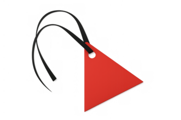 Red triangular blank label with black string, offering space for custom price, sale, or gift information