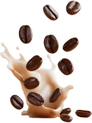 Fototapeta premium Splashing coffee .with beans isolated on transparent background, representing morning energy and freshness.
