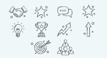 Collection of hand drawn doodle icons representing business success and achievement.