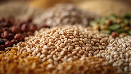 Buckwheat grains and cereals in shallow focus, ideal for editorial header background