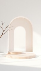 Minimalist presentation stage with soft lighting, natural tree branches, and a clean archway for product placement