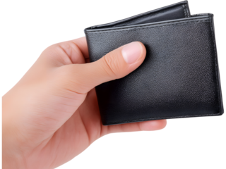 Human hand holding black leather wallet isolated on transparent background, symbolizing finance, saving, and economy.